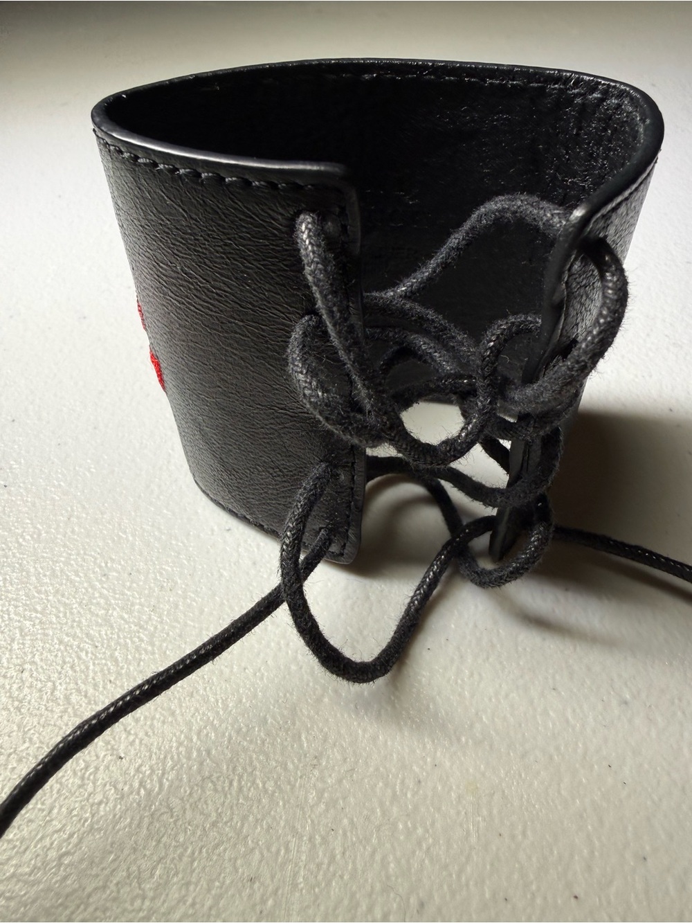 Vintage Armani Exchange Black Leather Bracelet with Red Embroidery - Picture 2 of 5